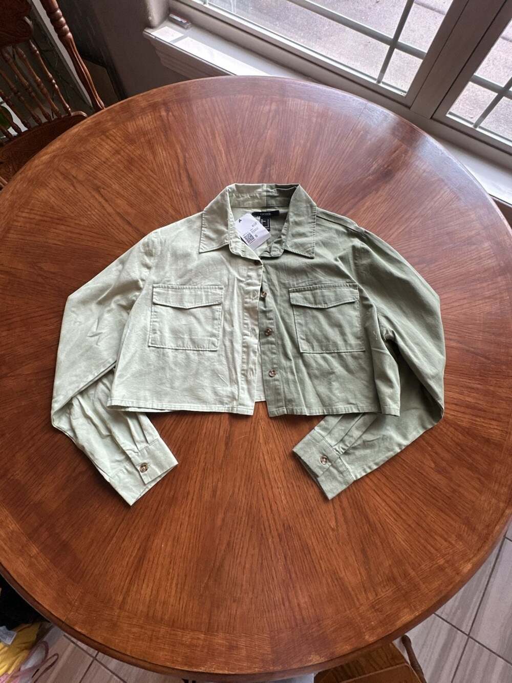 Forever 21 Women Woven Top Lslv Seafoam Olive Cropped Utility Jacket